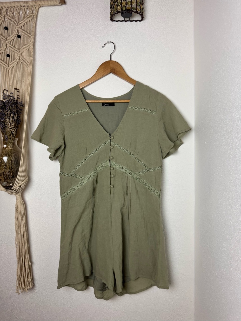 Umi Olive Green Lace-Trim Short Sleeve Romper
